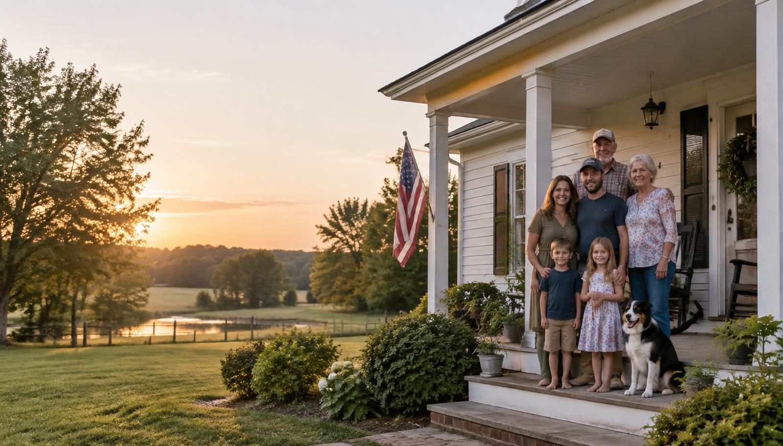 Three generations of a family standing together outside their South Carolina home at golden hour